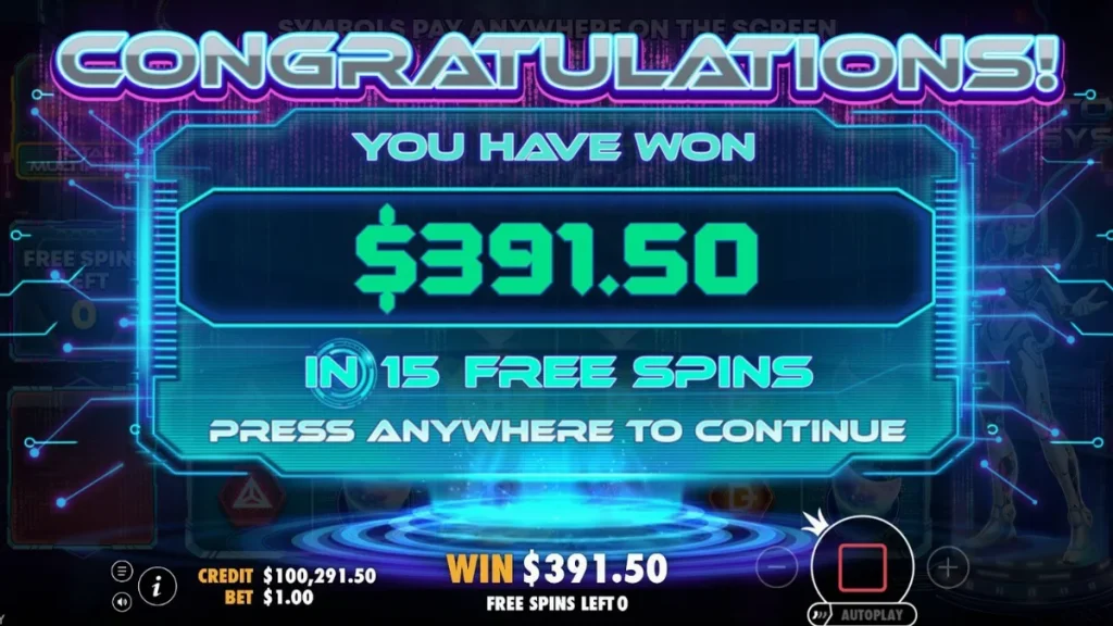 Tampilan visual futuristik dari slot Crypto Genesys dengan elemen neon dan simbol kripto.